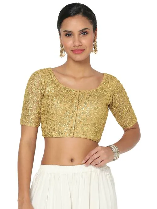 Salwar Studio Women's Gold Net Embroidered Readymade Saree Blouse