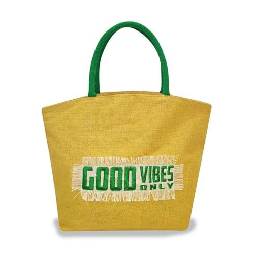 EARTHBAGS Good Vibes ONLY Jute Tote Bag in Pink with Zipper and Pocket
