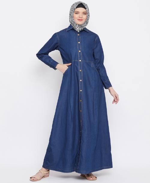 Momin Libas Blue Denim Front Open Pocket Abaya Burqa