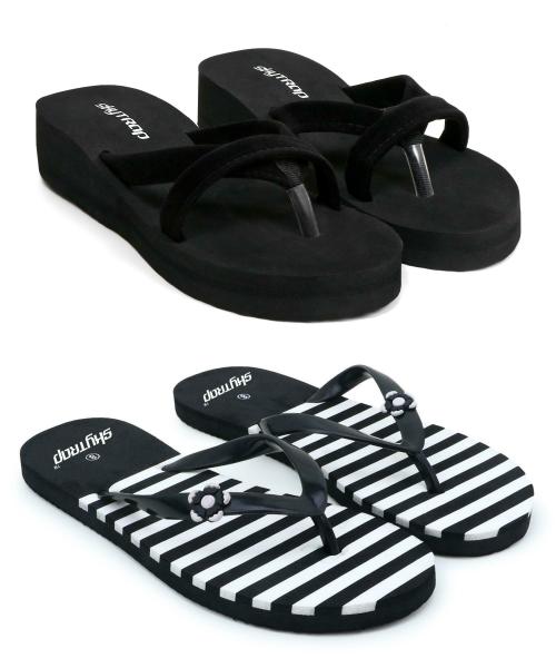 Skytrap Black Solid, Colorblock Nubuck, Rubber Slippers Flipflop for Women Combo of 2