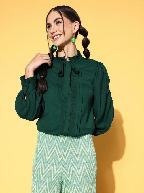 Pluss Women Green Self Design Polyester Casual Bishop Sleeve Top