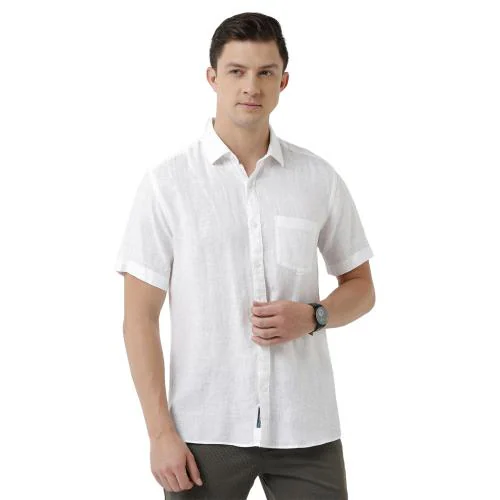 Linen Club Men's Pure Linen White Solid Regular Fit Half Sleeve Casual Shirt