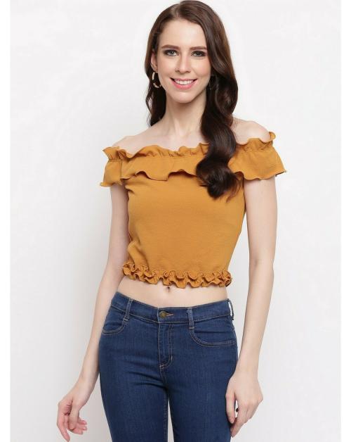 RIVI Yellow Off Shoulder Frill Solid Bardot Crop Top