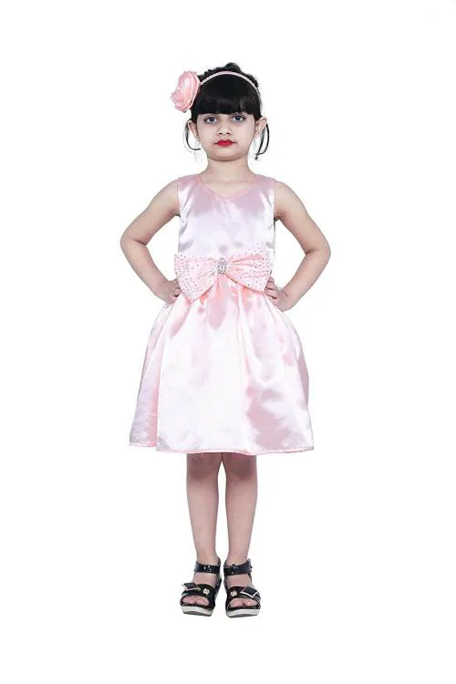 Wish Littlle Girls Peach Satin Solid Mini Frock Dress - 8-9 Y