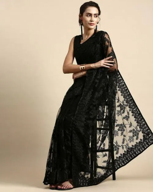 VAIRAGEE Women Black Net Embellished Sheer-Through Saree with Blouse Piece