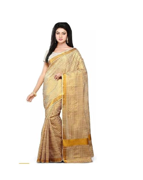 Jay Kannaa Tex Handweaved Kerala Kasavu Zari Checked Cotton Saree for Women / Kerala sarees for women / Kuthampully sarees for women / Checked Sarees for women