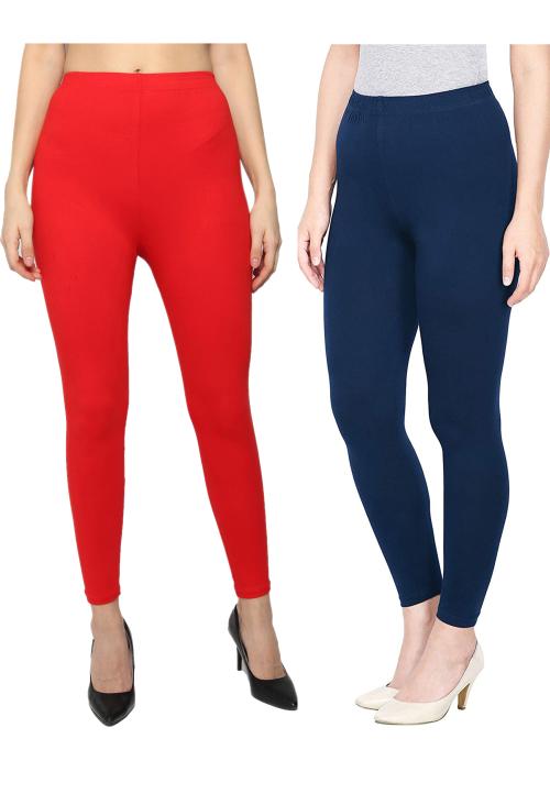 KEX Red Navy Blue Solid Cotton Ankle Length Legging Combo Legging Combo Girls Legging Combo Ankle Legging Combo