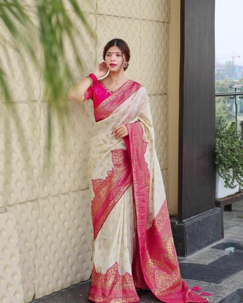 CREATION BAZAAR NC150_WHITE_PINK Beautiful Art Silk Jacquard Border Saree for Women