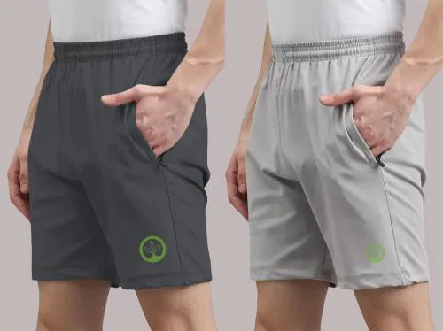 Shine N Show Men Dark Grey, Silver Printed Lycra Blend Pack Of 2 Sports Shorts (M)