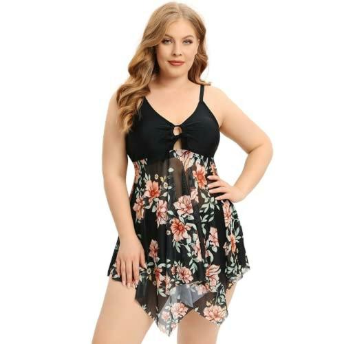 Plus Curvves Plus Size Black Floral Printed Two Pieces Tankini Swimsuit - 2XL