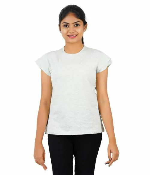 SYVI Women's Crew Neck Gathered Double Layered Sleeve T-Shirt- M Size