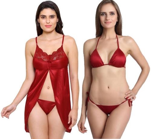 Iyaracollection Women Maroon Self Design Pure Satin Bra And Panty Set