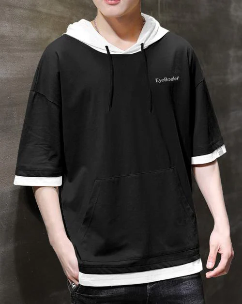 Eyebogler Men's Hooded Neck Oversized Half Sleeves Black T-Shirt