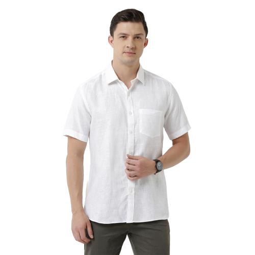 Linen Club Men's Pure Linen White Solid Regular Fit Half Sleeve Casual Shirt