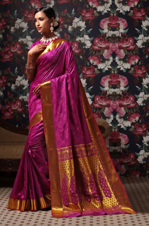 Janasya Women's Purple Silk Cotton Woven Design Saree With Blouse Piece