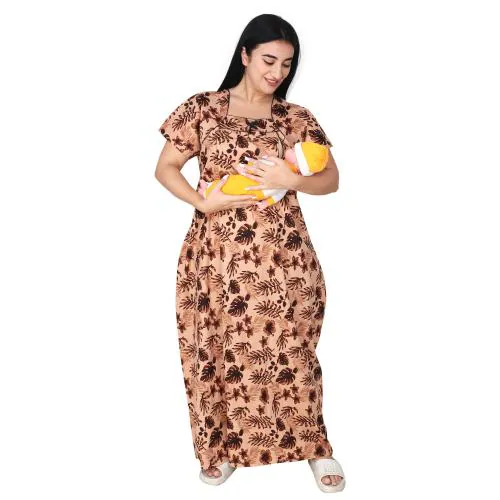 OSF Women's Printed Cotton Floral Maxi Square Neck Feeding Nightwear Mother Night Gown Nighty ( Pack of 1, Brown; Size:- Free NW0388_BR)