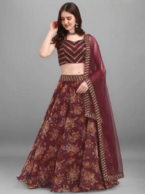 Sky Tara Floral Print Semi Stitched Lehenga Choli