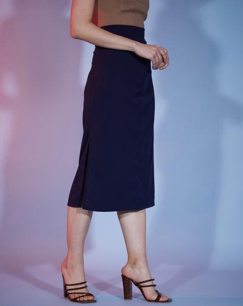 BuyNewTrend Navy Below Knee Slit Straight Women Skirt
