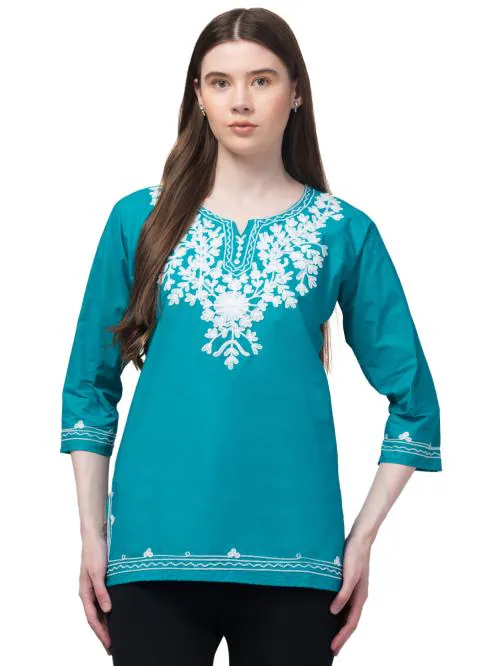 Aceola Women Turquoise Cotton Kashmiri Embroidered Relaxed Short Kurti
