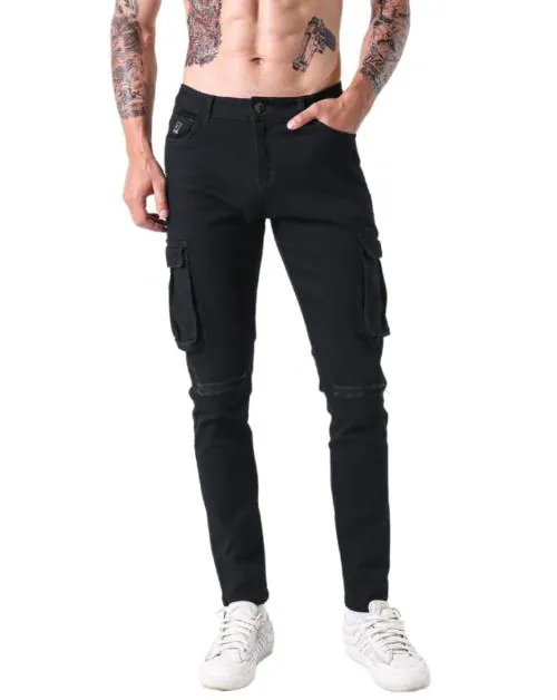 L'MONTE Imported Multi Pockets Cotton Cargo Skinny Fit Stretchable Black Joggers Pant for Men