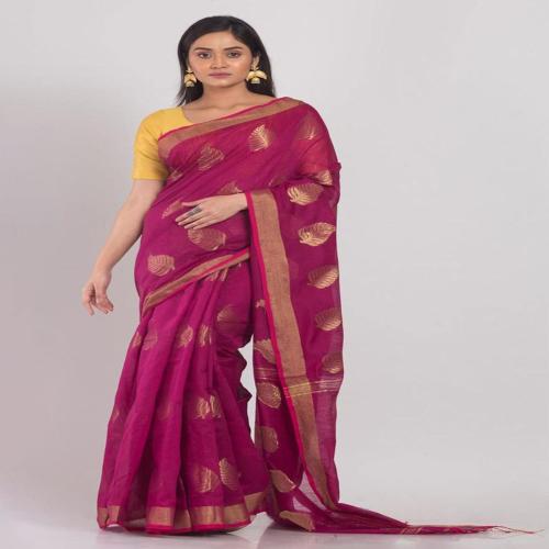 Angoshobha Free Size Women Magenta Blended Cotton Leaf Woven Traditional Saree