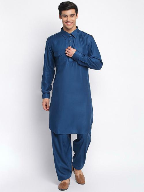 Sanwara Men Blue Cotton Blend Solid Pathani Suit Set
