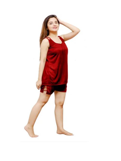 Galsmaky Trendy Fashionable Women & Girls Nightsuits Nightdress Top & Shorts Maroon Free Size (28 to 36)Inch