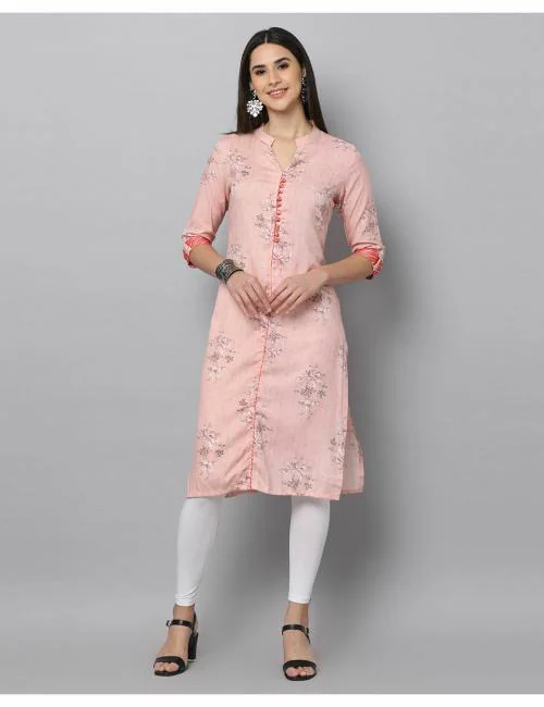 English Lady Women half collar with v cut contrast trims placket on sleeves and front potli buttons Kurti | Pink Colour | L Size | Slim Fit Kurtas | Knee Length | Straight Kurta | Rayon Fabric | Printed Kurtas