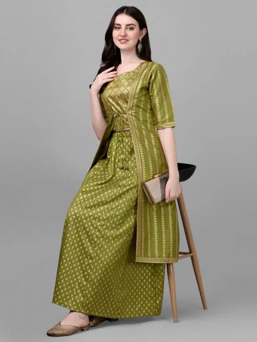 Modestouze Attires Women's Gold Printed Top And Ethnic Jacket With Skirt Set (Green) (MAJK47SKIRT)