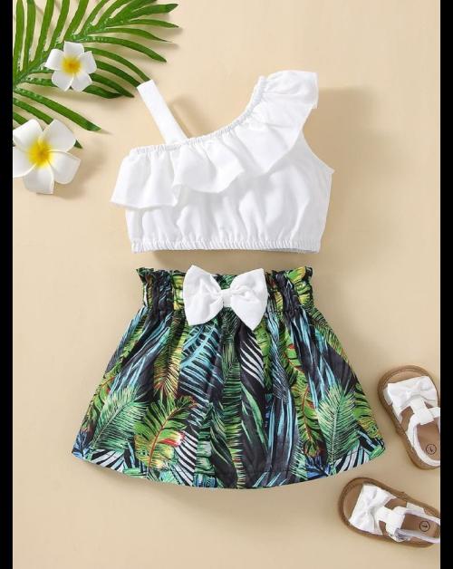 pamberston Baby Girl Floral Print Top and Skirt, with One Strap Sleeves and Stylish Neck, Ocassion and Party Wear (White, 7-8 Y)