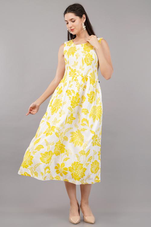 Shruthi Women Dress Bombay Paisley Yellow Floral-Patterned Dress, long gown|Pinted A-line Maxi Dress For Women Ethinic Wear