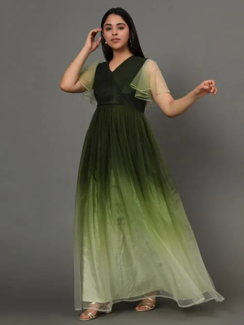 Vaani Creation Women Green Self Design Net A-line Gown Dress - L