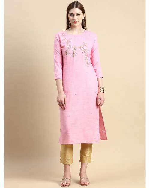 GRANTH FASHION Premium Rayon Modal Fabric Kurti/Kurta for Women with Zardosi Work|Pink|Size-36|Pack of 1
