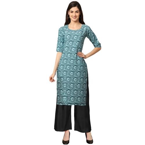 Ethnic Basket Women's Turqouise Color Kurta and Black Palazzo Set {530378-Black Palazzo_S}
