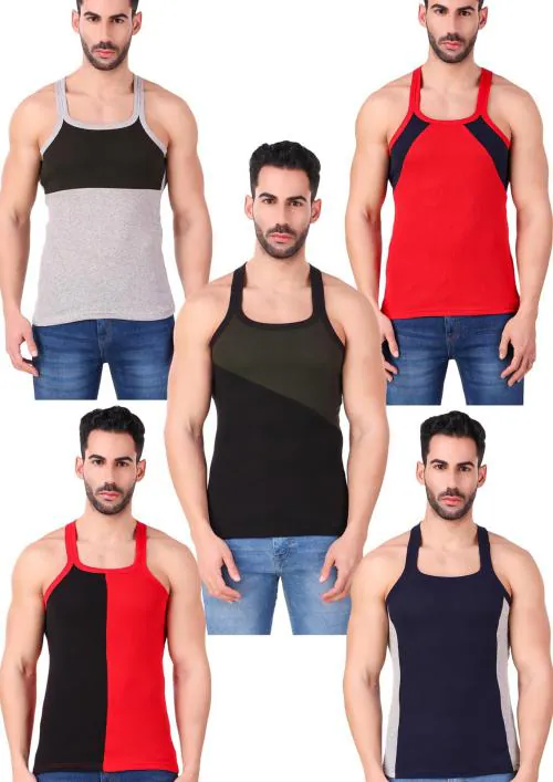 Hap Men's Cotton Designer Gym Vest / Sports Vest /Casualwear / Rib vest /Innnerwear/ Pack of 5_Multicolor_L