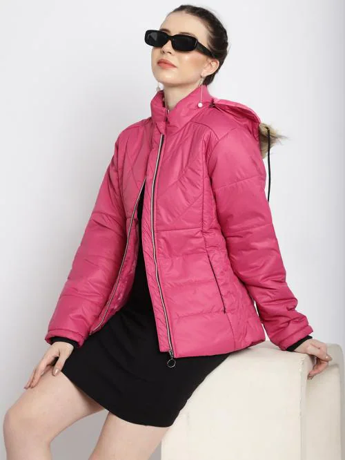 ONNIT Women's Pink winter wear full sleeve solid parka Jacket. Quilted with high quailty polyfill fiber and has a detachable faux fur hood. Has 3 pocket 1 inside and 2 outside.