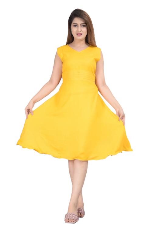 SIPET STYLISH BEAUTIFUL YELLOW SOLID DRESS MIDY SHORT DRESS IN RAYON FABRIC