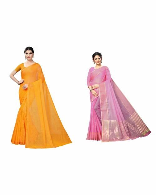 VKARAN Women's White & Firozi Colour Cotton Silk Saree With Blouse pack of 2