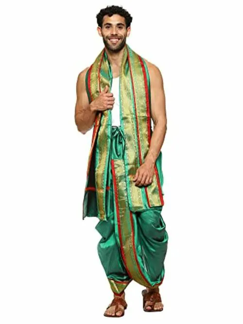 Rameshwaram Fabrics Men Green Silk Dhot with Angwastram Set
