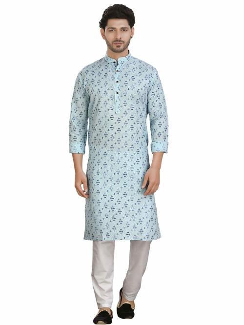 Encino Mens Light Blue Printed Cotton Angad Collection Kurta