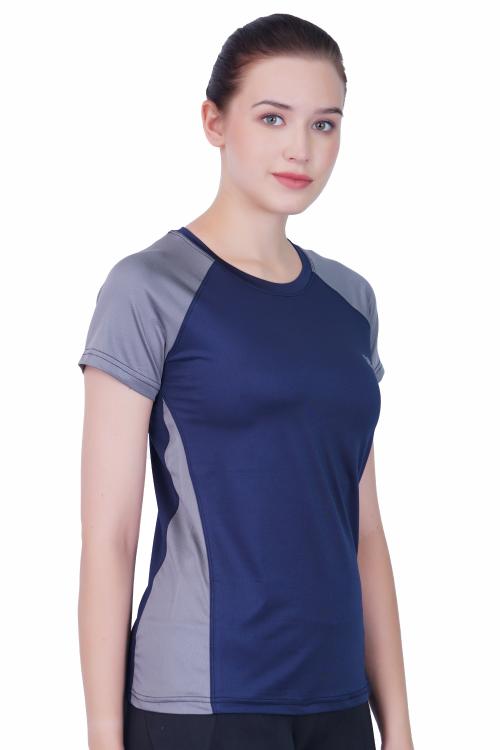 HAWKES BURRY Women's Premium Lycra Design Self Solid Round Neck Half Sleeve T-Shirt Blue