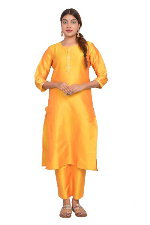 Riara Women Solid Straight Kurti Set Casual Regular Flared Suit Ladies Kurta with Pant (XX-Large, Yellow)