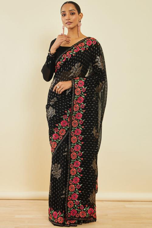 Soch Black Georgette Saree With Floral Embroidery And Sequins