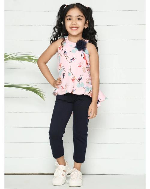 Lilpicks Girls Pink Monkey Print Top With Navy Legging Set
