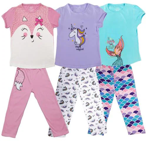 TotzTouch Baby Girl's Cotton All Over Print T-Shirt and Pyjama Set Pack of 3 Age 5-6 Years
