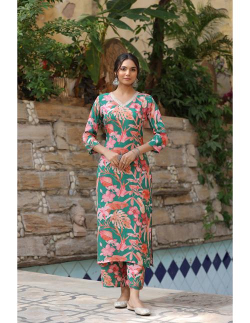 Shubhisha Fashion Women's Green Straight Printed Kurta with Palazzo