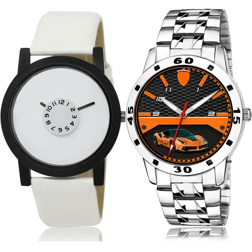 TIMENTER New Love Sports And Silver Chain White And Silver Colour Analog Genuine Leather And Stainless Steel Belt 2 Watch Combo For Boys And Men - BL46.26-(33-S-19)