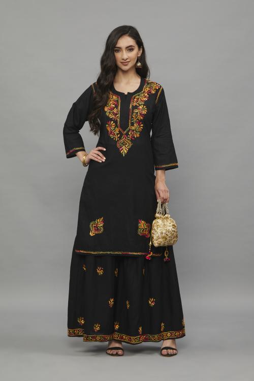 Ethnava Women’s Hand Embroidered Chikankari Sharara Kurti Set