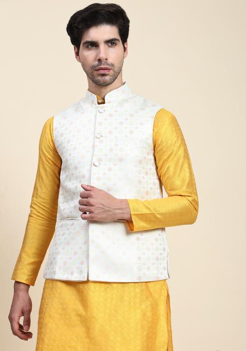 Aany's Culture Light Yellow Floral Pattern Polyester Wedding Nehru Jacket (Koti) L