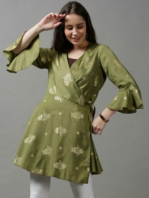 SHOW OFF Women's Olive Printed Silk Dipped Shrug